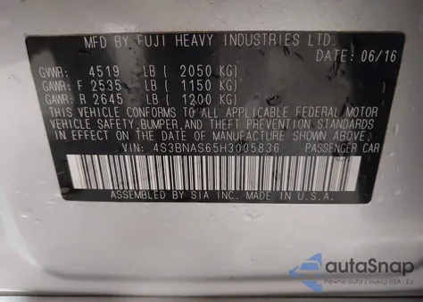 2017 Subaru Legacy 2.5I Sport из США, поврежденный, VIN 4S3BNAS65H3005836